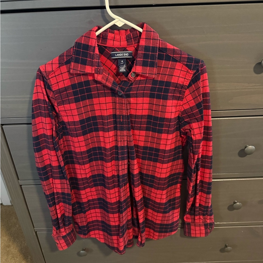 Lands' End Men's Red and Black Checkered Shirt